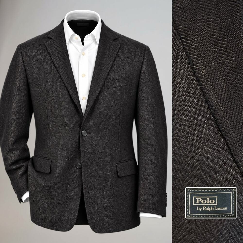 Polo Ralph Lauren Italy 100% Flax Sport Coat 44L Smoked Gunmetal Herringbone